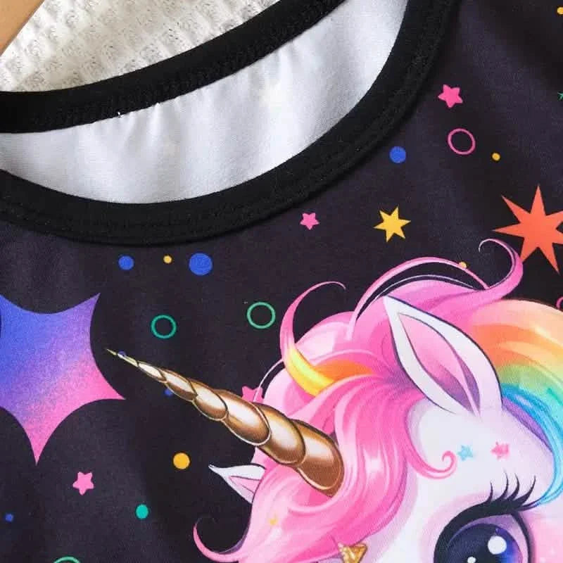 2-Piece Set: Cute Starry Unicorn Pattern Short Sleeve Top + Jogger Pants Co-ords Set