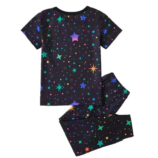 2-Piece Set: Cute Starry Unicorn Pattern Short Sleeve Top + Jogger Pants Co-ords Set