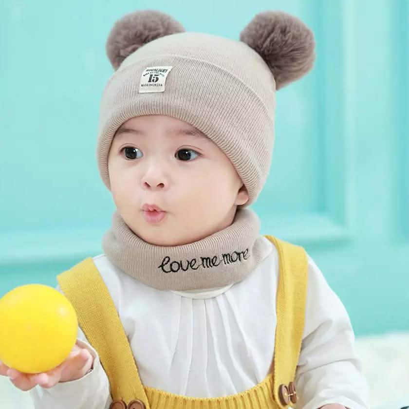 Infant Baby Winter Warm Knit Bobble Beanie Hat with Scarf Set