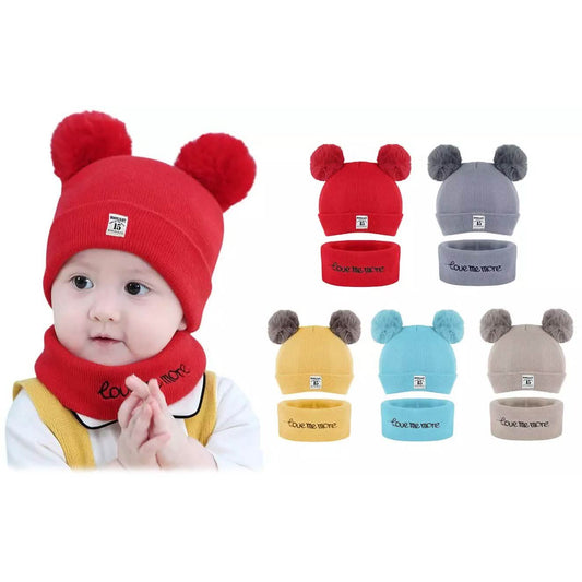 Infant Baby Winter Warm Knit Bobble Beanie Hat with Scarf Set